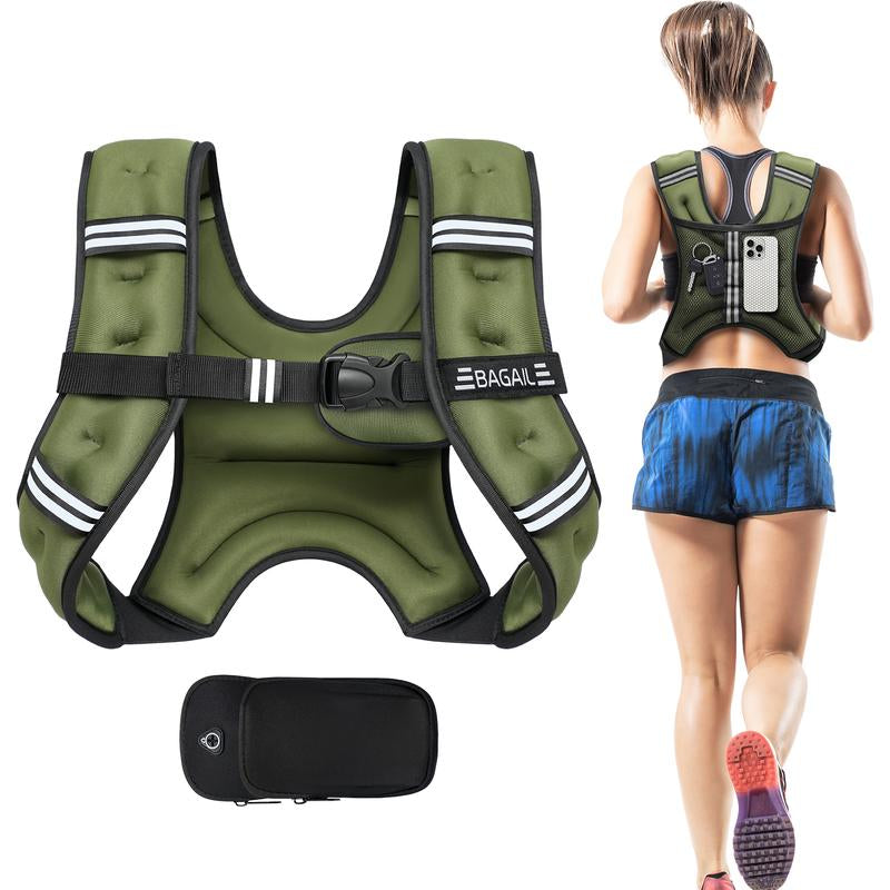BAGAIL Weighted Vest, 5Lbs/8Lbs/10Lbs/12Lbs/15Lbs/20Lbs/25Lbs/30Lbs Weight Vest with Detachable Phone Pouch, Rucking Vest for Women, Men, Walking, Weight Loss, Training, Running Glute Workout Equipment Sweat Fitness Belt